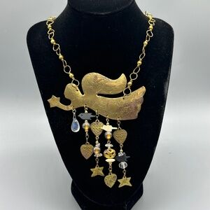 Vintage Stamped Brass Beaded Angel with Stars Hearts Pendant Necklace Statement